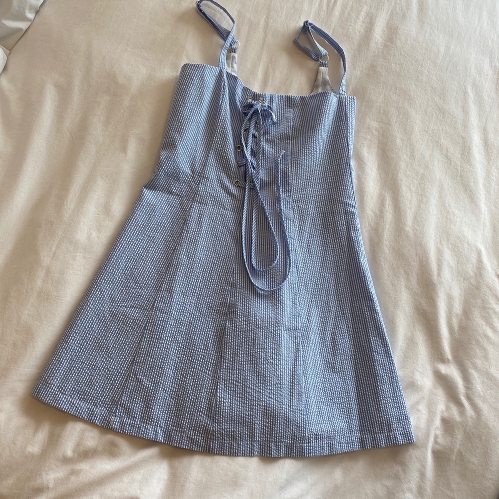 STAUD solid & striped seersucker pinatripped dress